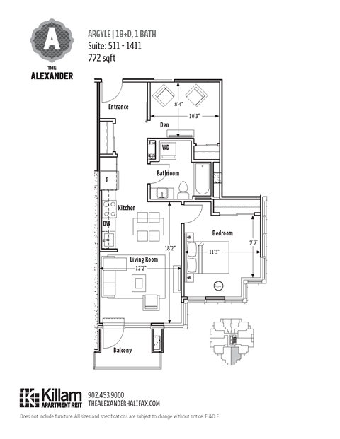 Floor plan for 1 bed, 1 bath, 760 sqft